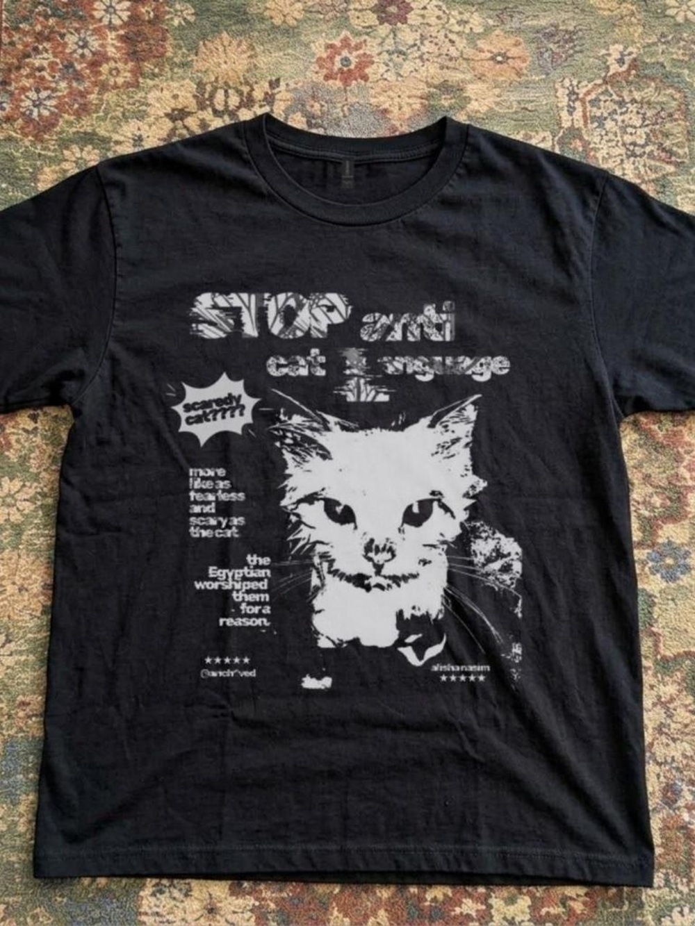 Gildan Black Short Sleeve Tee with White Cat Graphic